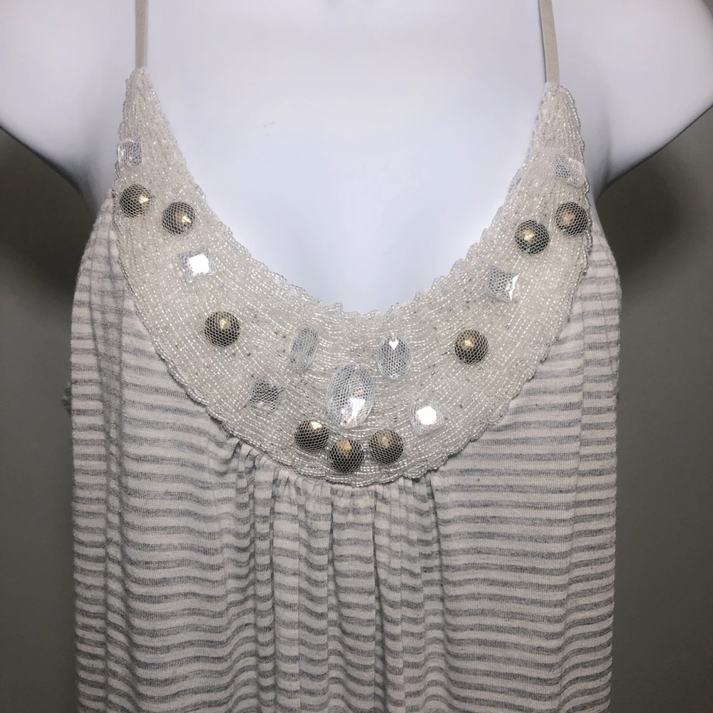 Forever 21 Tan / White striped tank with embroidered Gems.